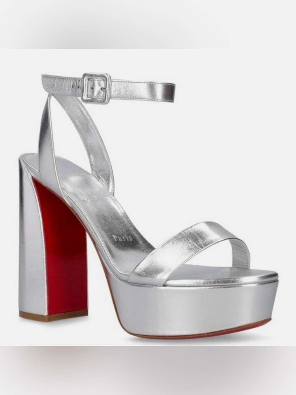 Louboutin Silver Platform Ankle-Strap Sandals with Red Block Heel
